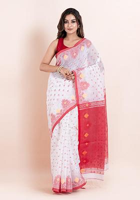 Off White Embroidered Cotton Saree Set