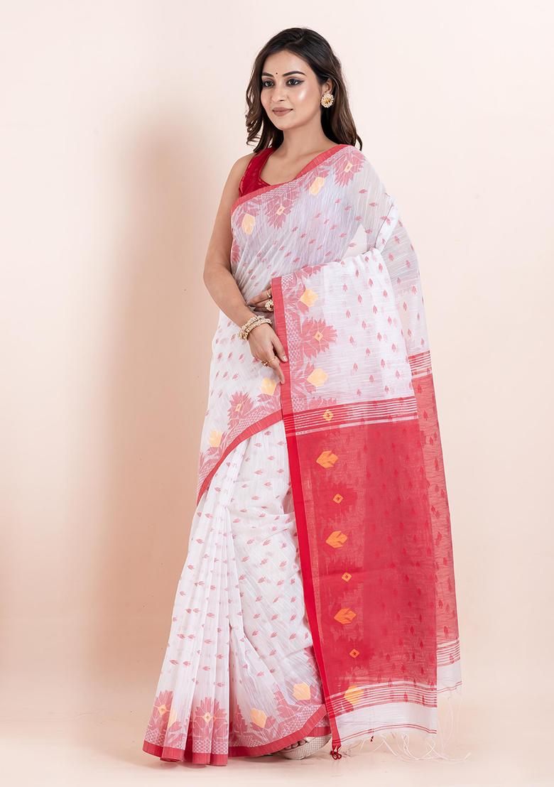 Off White Embroidered Cotton Saree Set