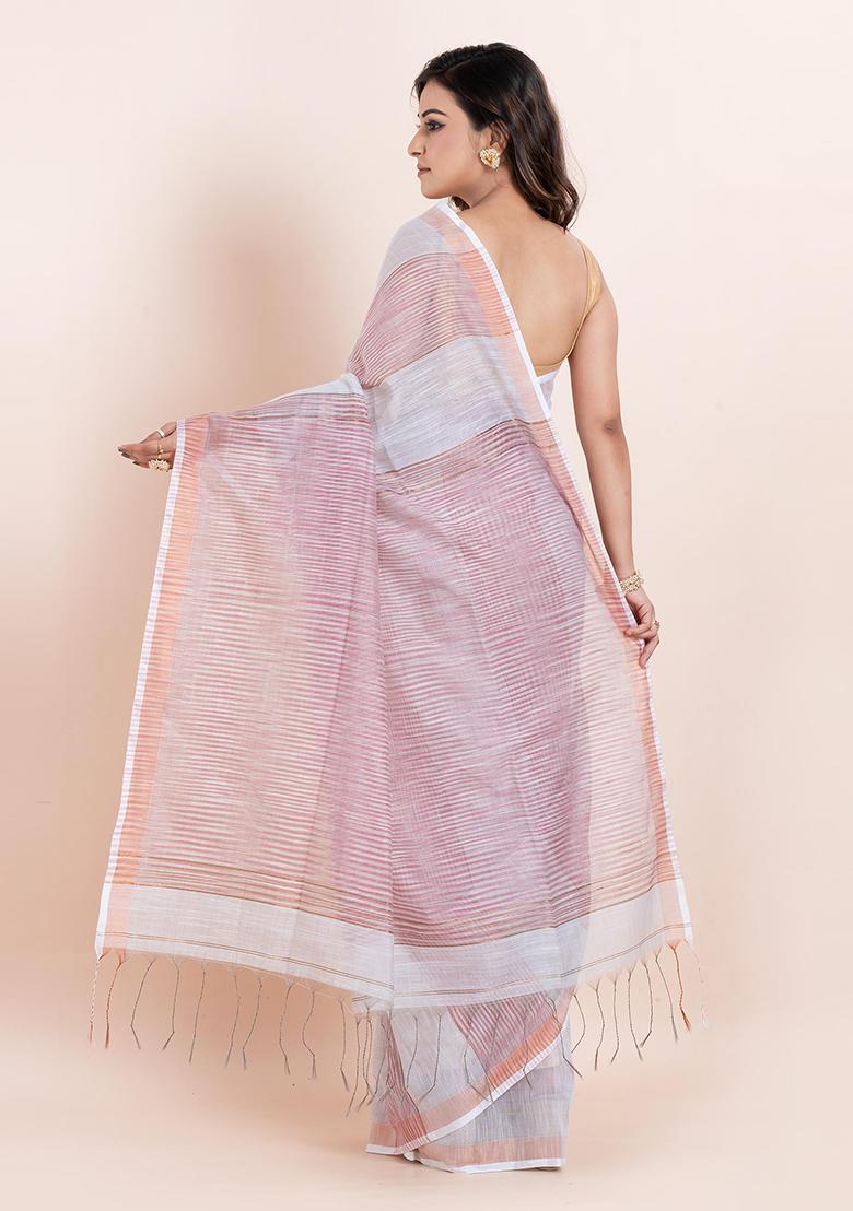 Off White Embroidered Cotton Saree Set