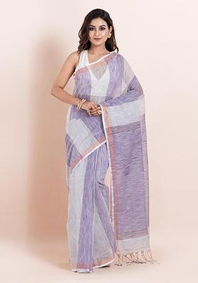 Violet Embroidered Cotton Saree Set