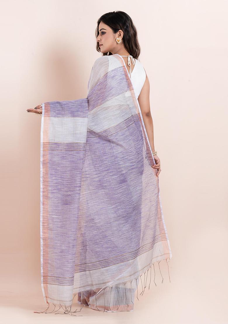 Violet Embroidered Cotton Saree Set