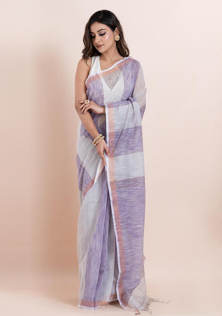 Violet Embroidered Cotton Saree Set