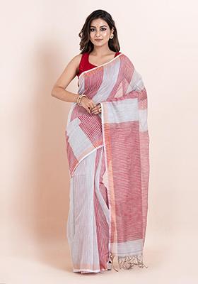 Red Embroidered Cotton Saree Set