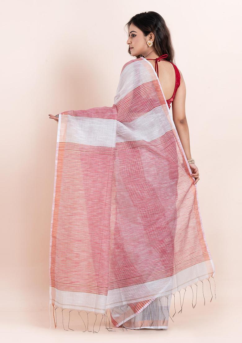 Red Embroidered Cotton Saree Set