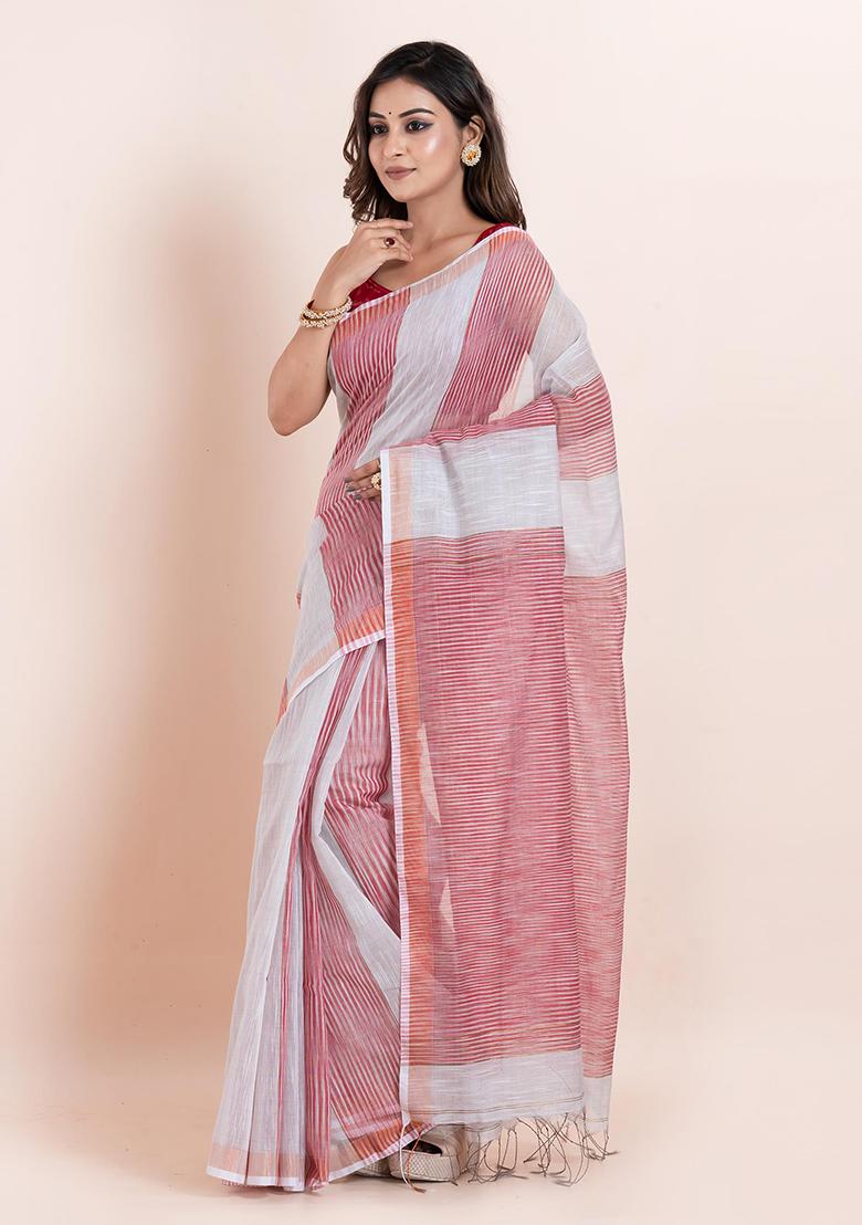 Red Embroidered Cotton Saree Set