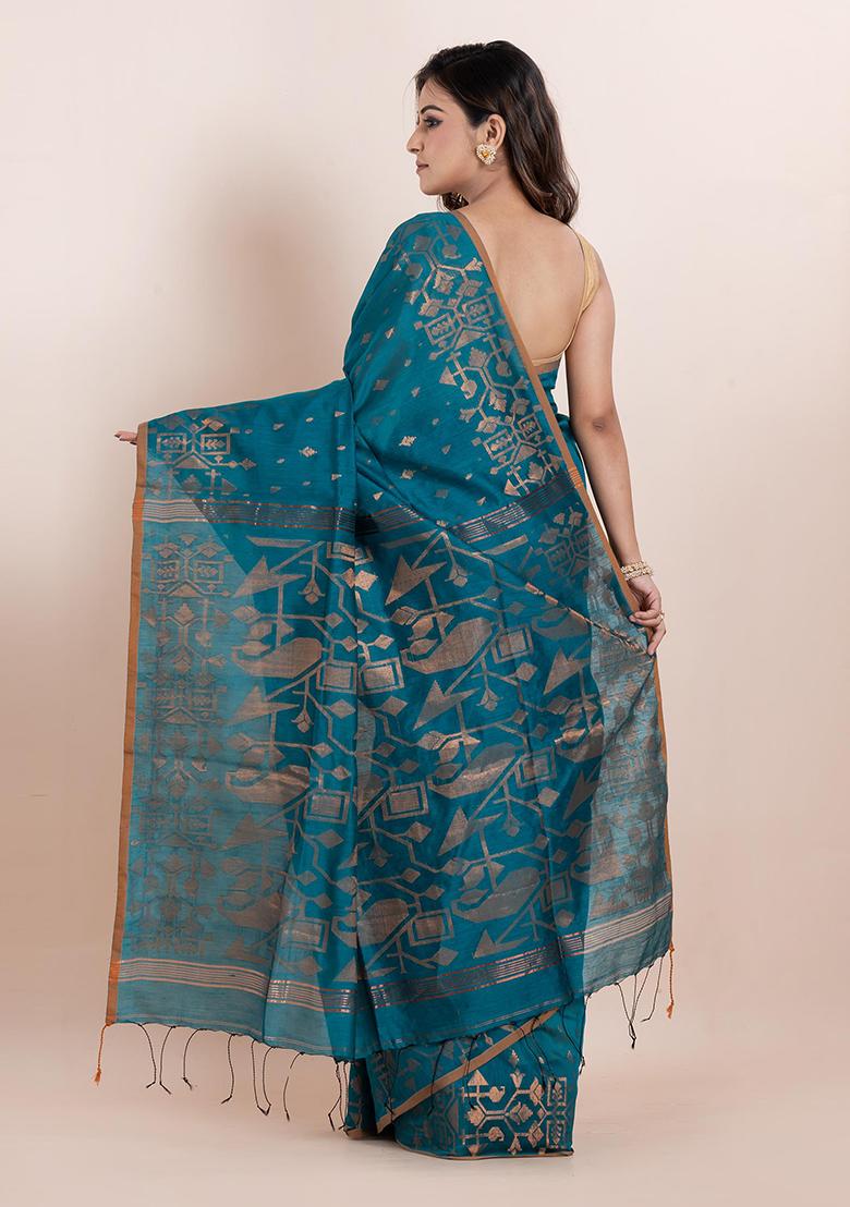 Teal Blue Geometric Print Cotton Saree Set