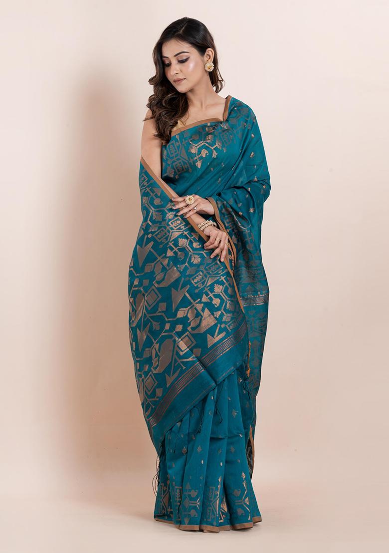 Teal Blue Geometric Print Cotton Saree Set