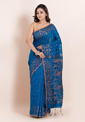 Blue Geometric Print Cotton Saree Set