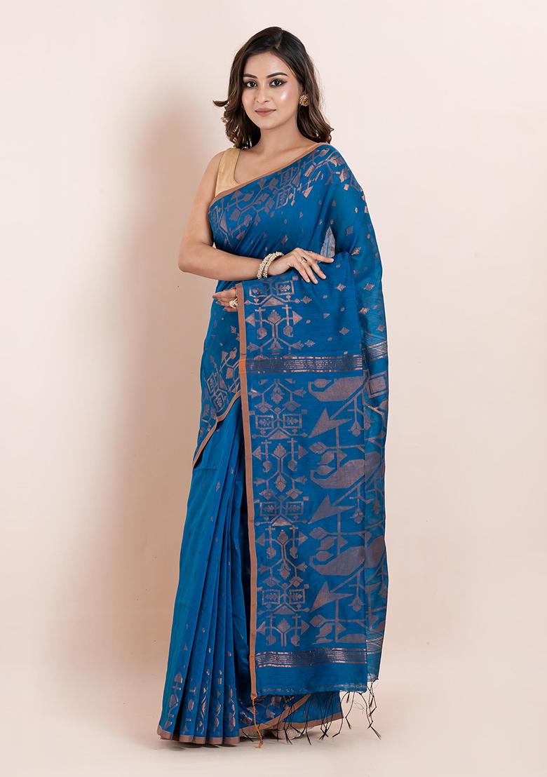 Blue Geometric Print Cotton Saree Set