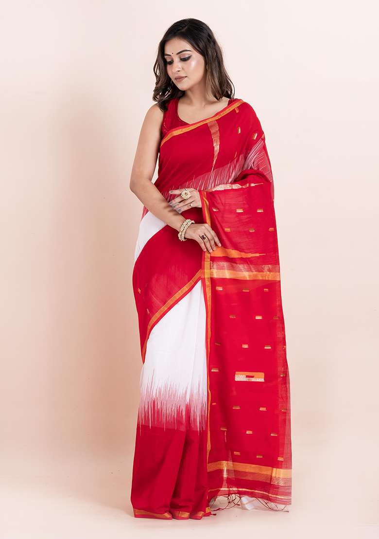 Red Printed Cotton Saree Set - Indya