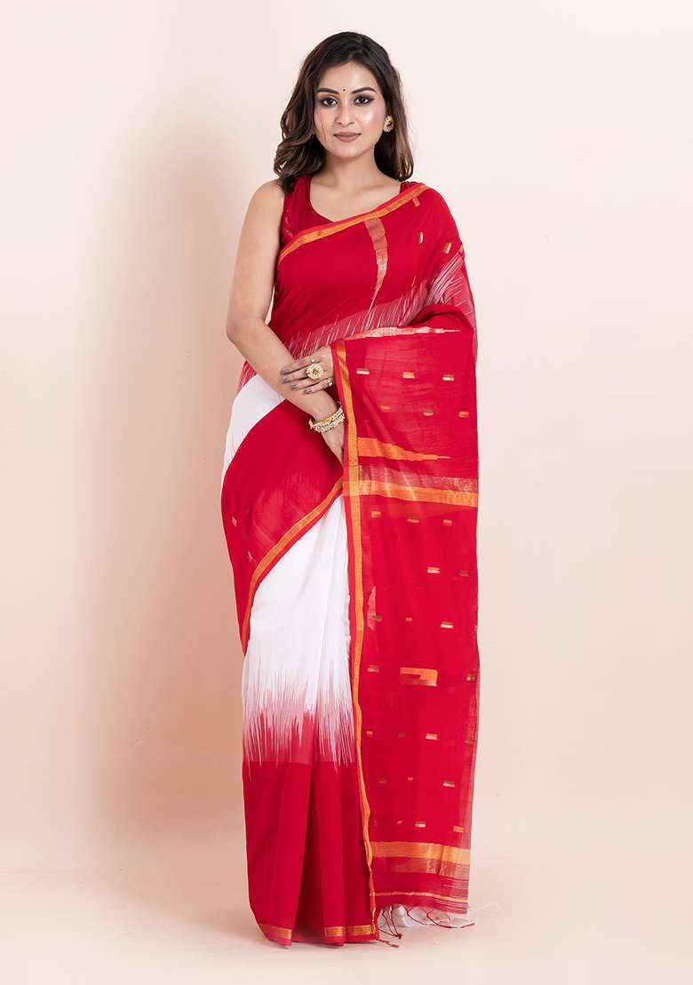 Red Printed Cotton Saree Set - Indya