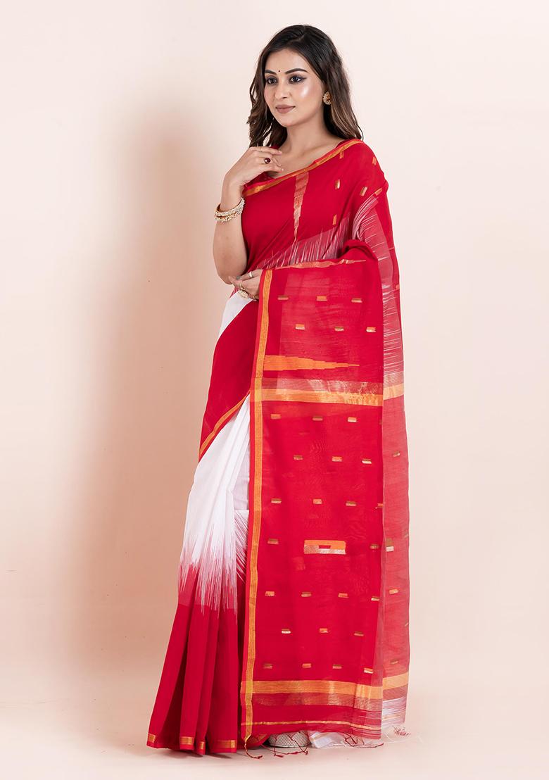 Red Printed Cotton Saree Set