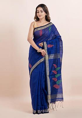 Blue Sequin Embroidered Cotton Saree Set