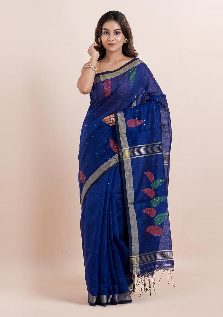 Blue Sequin Embroidered Cotton Saree Set