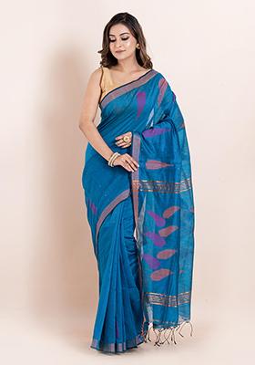 Turquoise Sequin Embroidered Cotton Saree Set