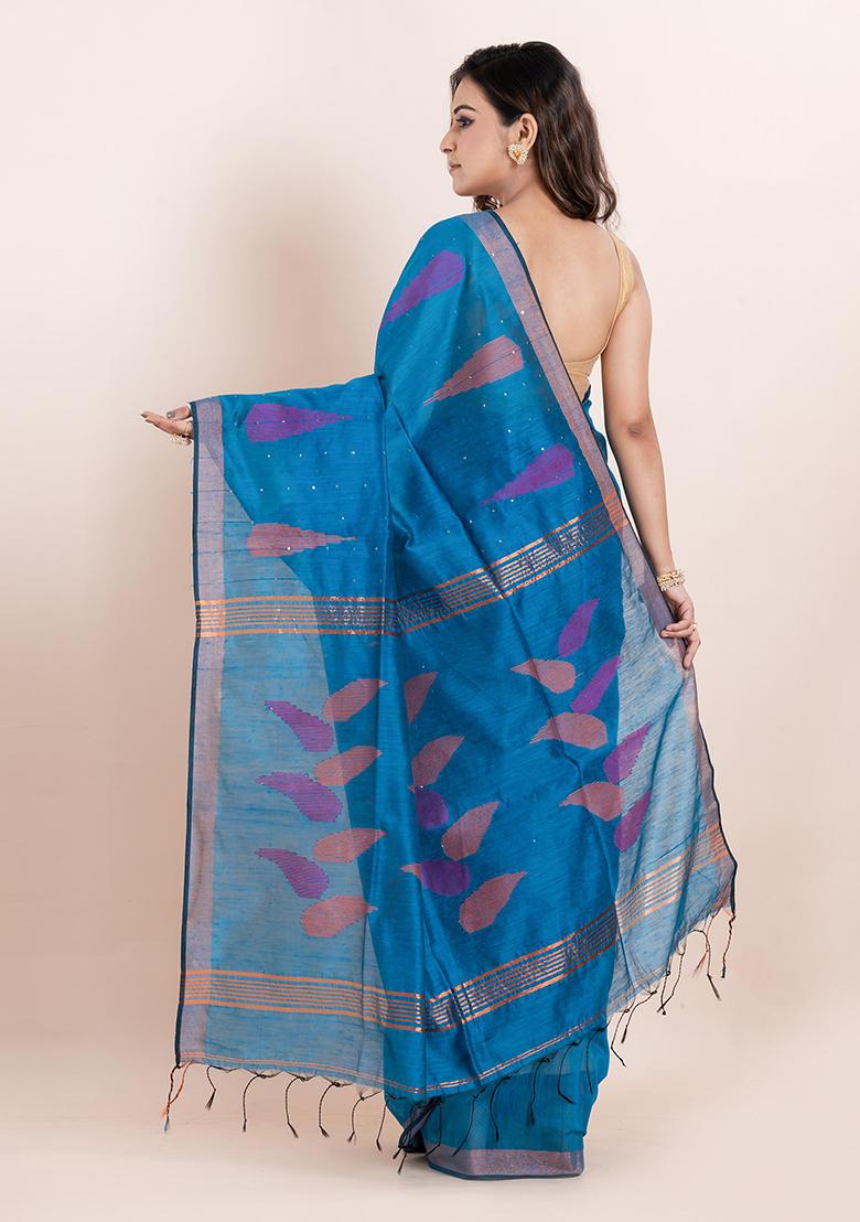 Turquoise Sequin Embroidered Cotton Saree Set