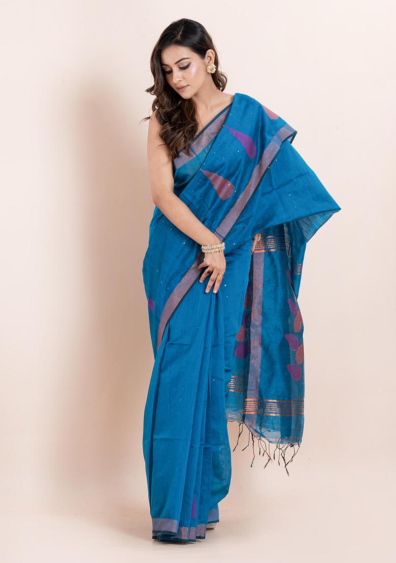 Turquoise Sequin Embroidered Cotton Saree Set