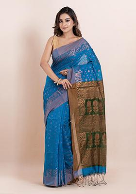 Blue Floral Print Cotton Saree Set