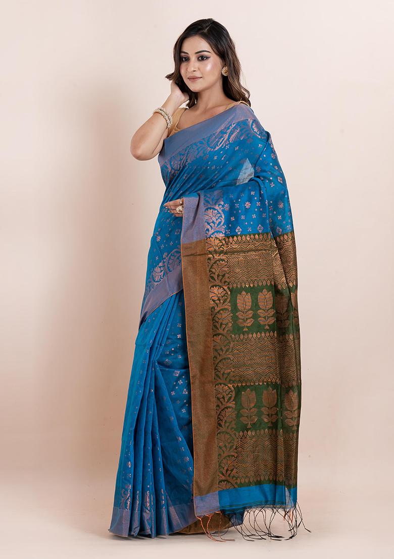 Blue Floral Print Cotton Saree Set