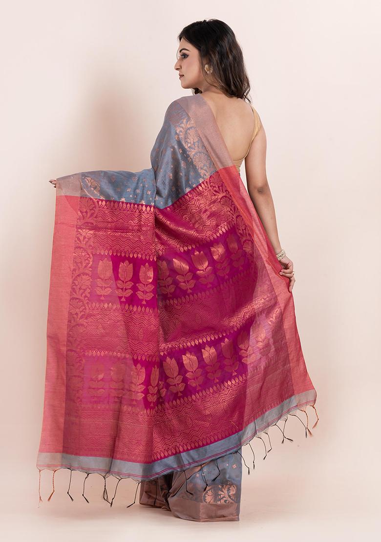 Grey Floral Print Cotton Saree Set