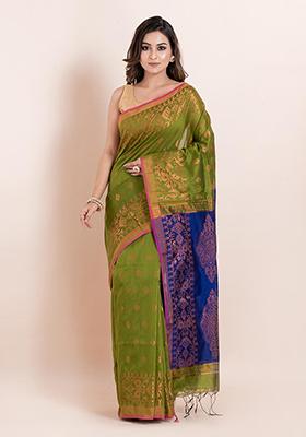 Green Floral Print Cotton Saree Set
