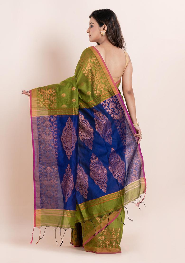 Green Floral Print Cotton Saree Set