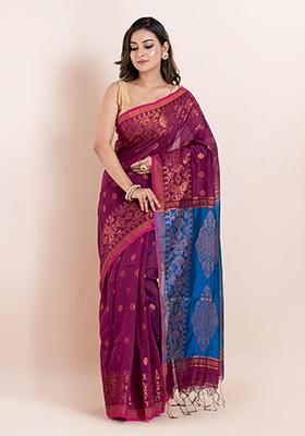 Magenta Pink Floral Print Cotton Saree Set