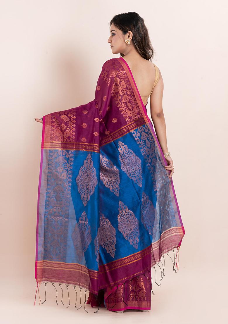 Magenta Pink Floral Print Cotton Saree Set