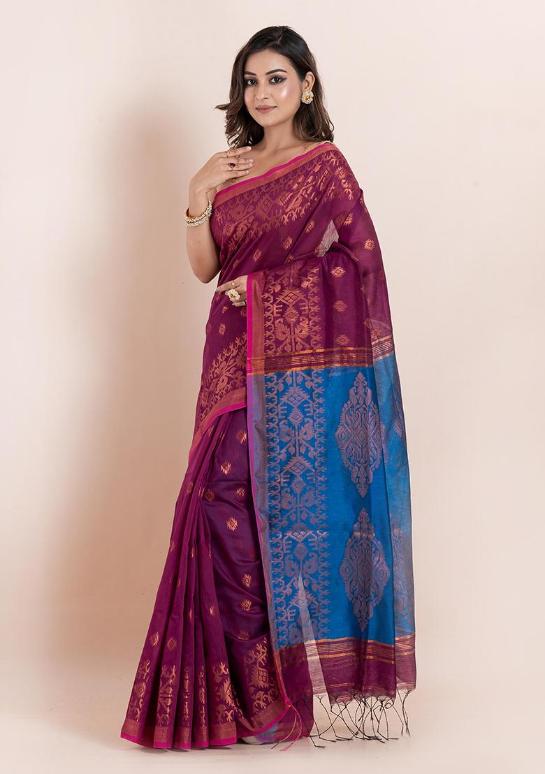 Magenta Pink Floral Print Cotton Saree Set