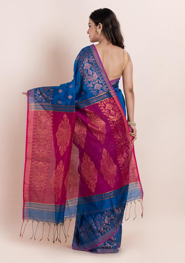 Blue Floral Print Cotton Saree Set