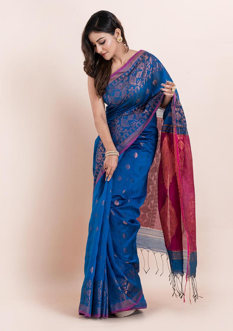 Blue Floral Print Cotton Saree Set