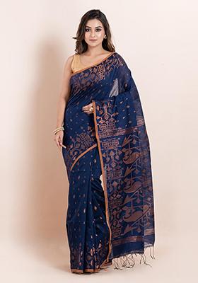 Blue Geometric Print Cotton Saree Set