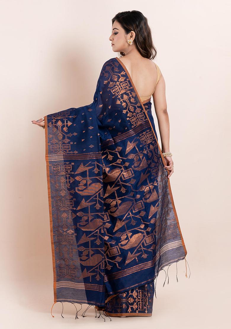 Blue Geometric Print Cotton Saree Set