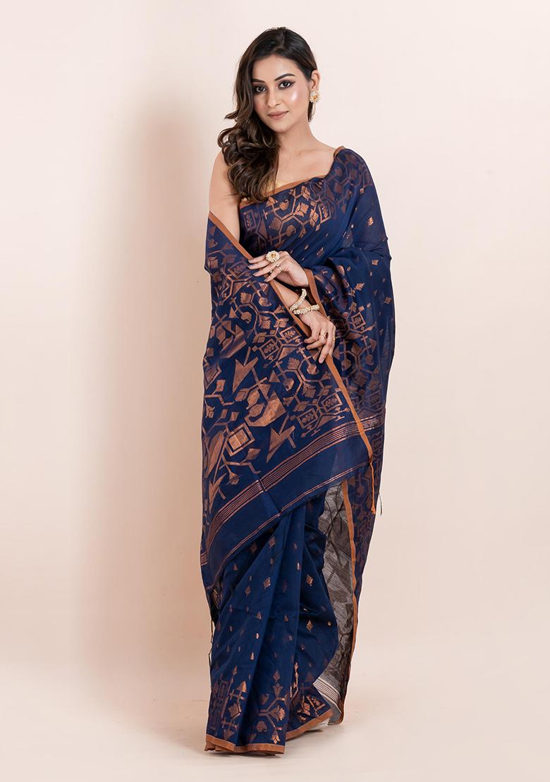 Blue Geometric Print Cotton Saree Set