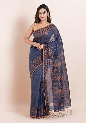 Grey Geometric Print Cotton Saree Set