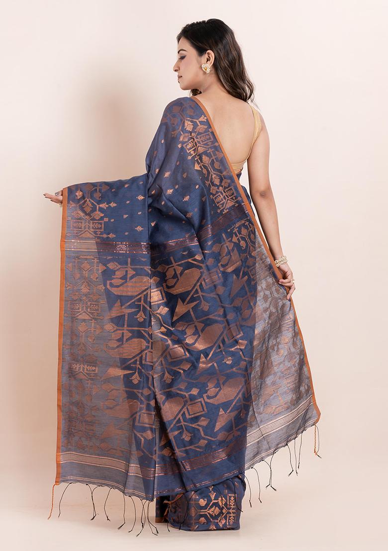Grey Geometric Print Cotton Saree Set