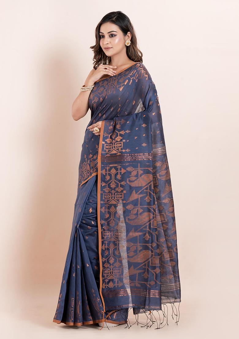 Grey Geometric Print Cotton Saree Set