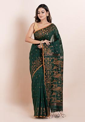 Buttle Green Geometric Print Cotton Saree Set