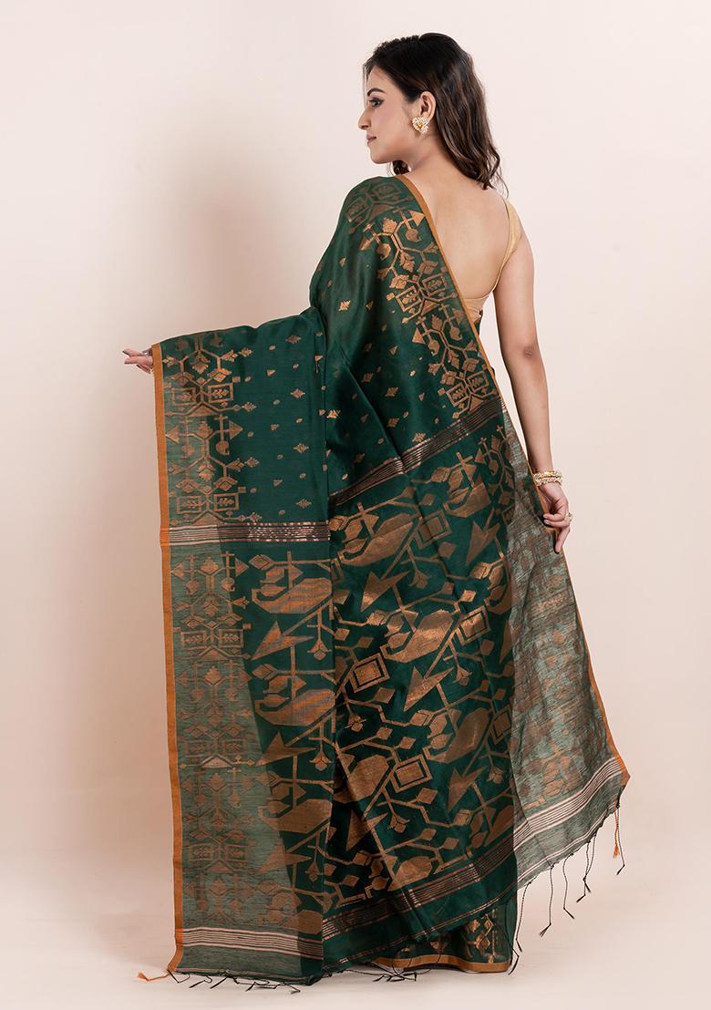 Buttle Green Geometric Print Cotton Saree Set