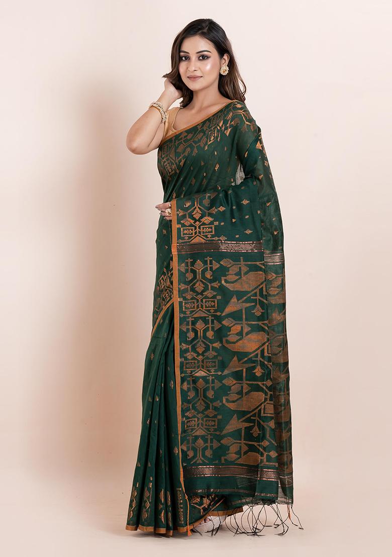 Buttle Green Geometric Print Cotton Saree Set