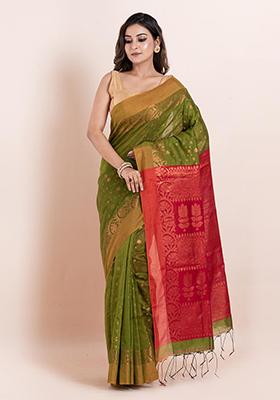 Green Floral Print Cotton Saree Set