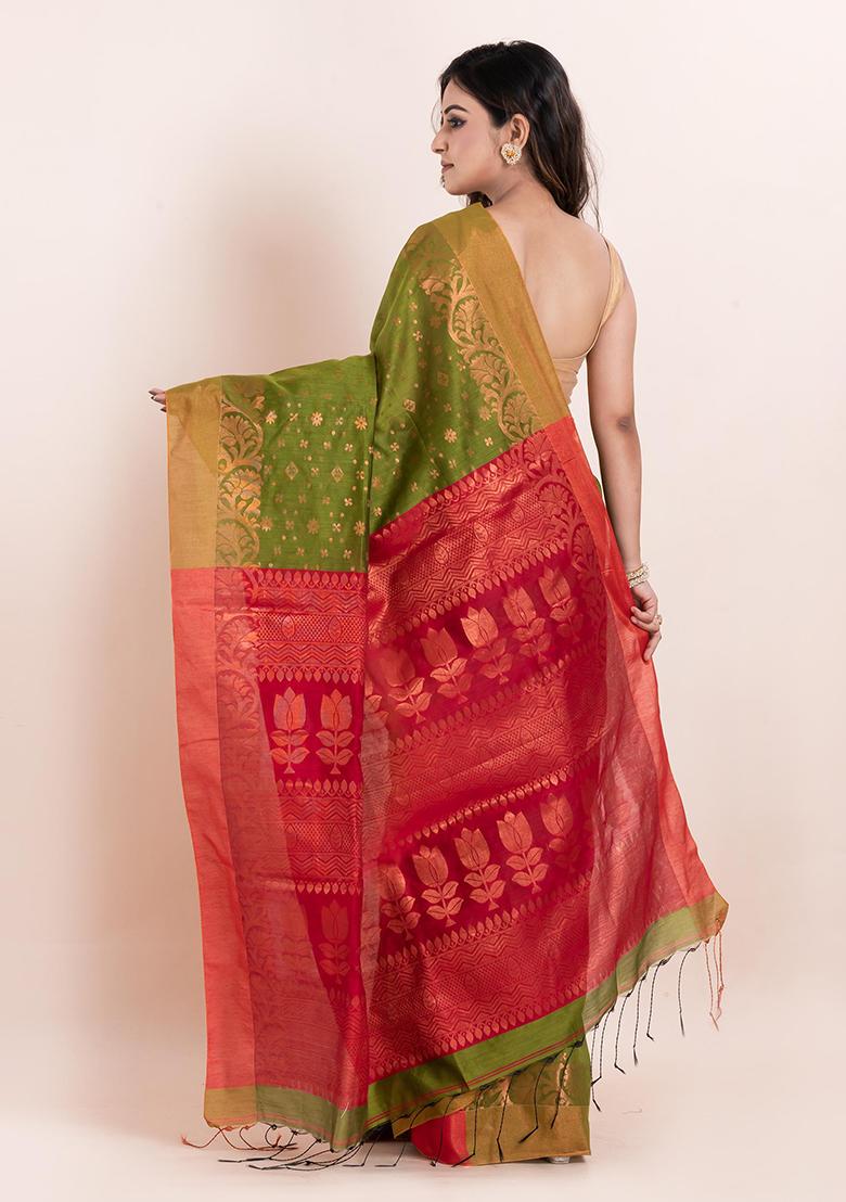 Green Floral Print Cotton Saree Set