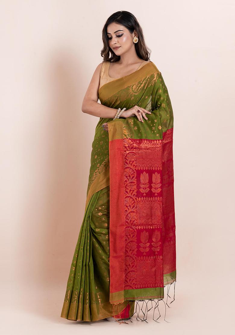 Green Floral Print Cotton Saree Set