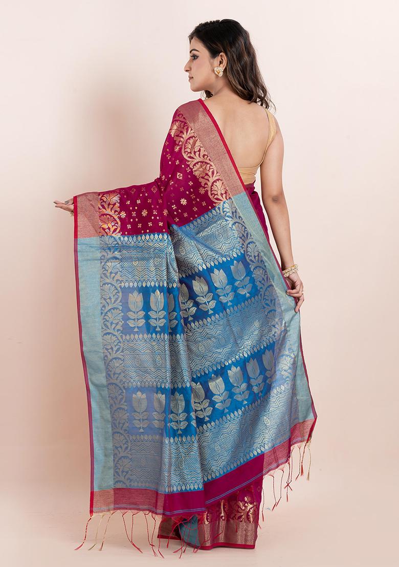 Magenta Pink Floral Print Cotton Saree Set