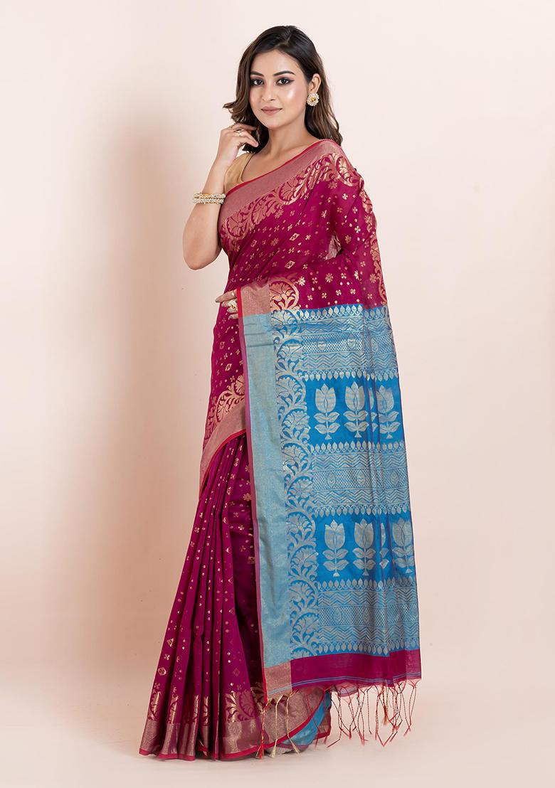 Magenta Pink Floral Print Cotton Saree Set
