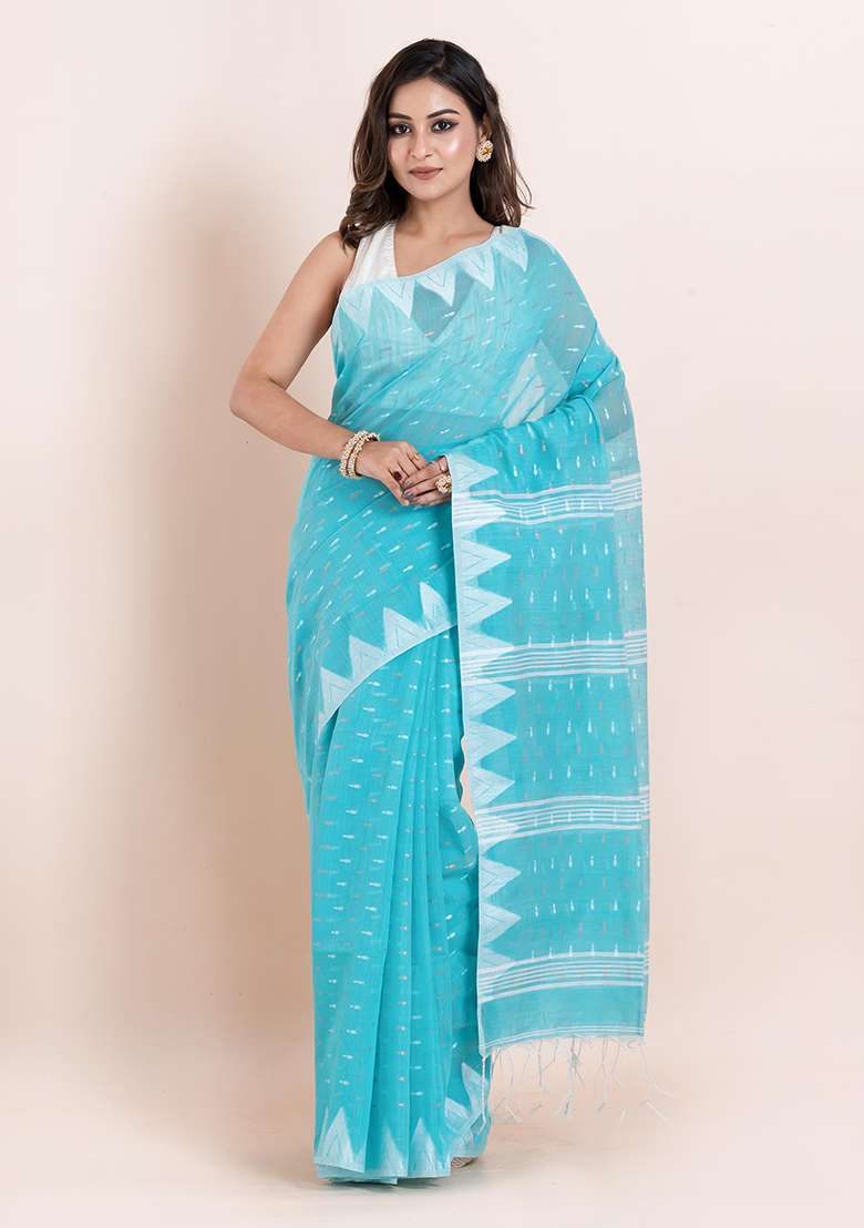 Sea Green Printed Cotton Saree Set - Indya