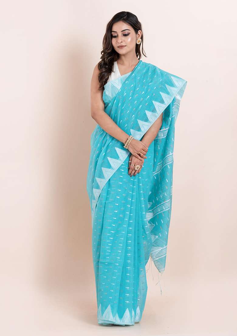 Sea Green Printed Cotton Saree Set - Indya