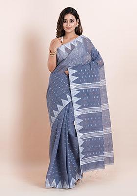 Grey Printed Cotton Saree Set