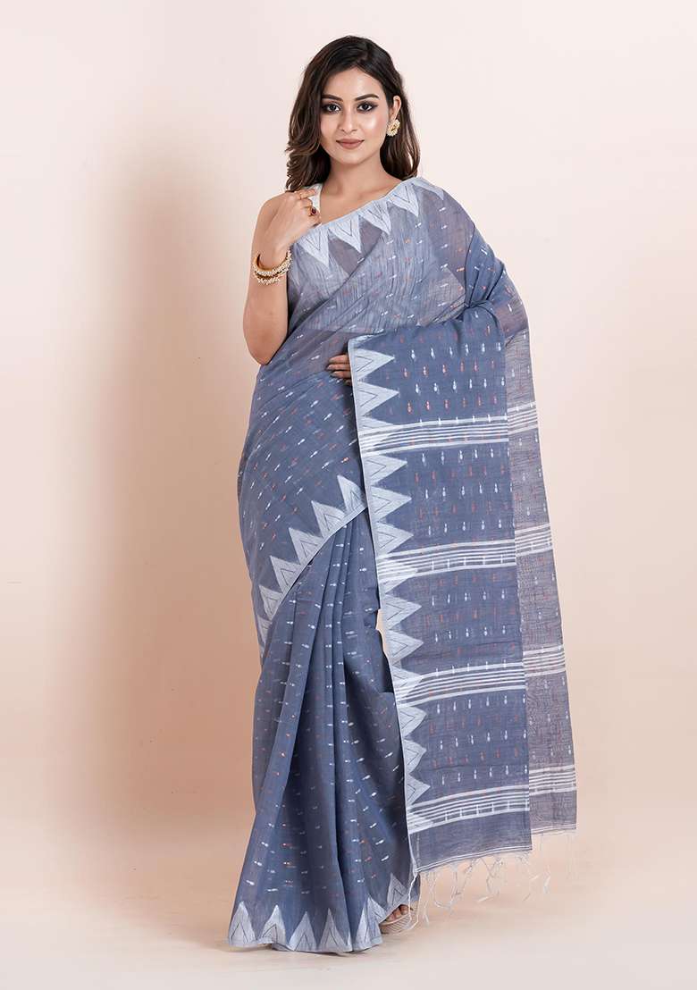Grey Printed Cotton Saree Set - Indya