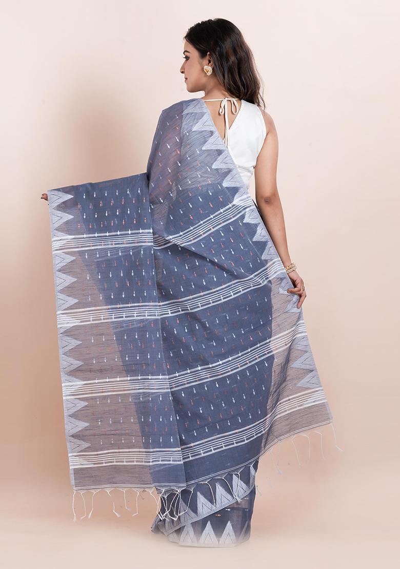Grey Printed Cotton Saree Set